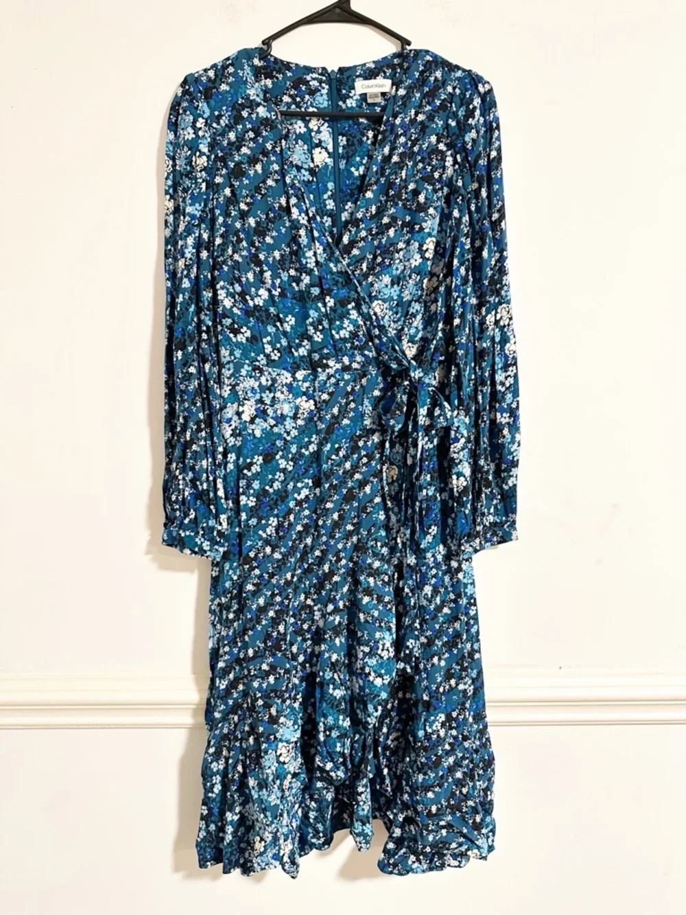 Calvin Klein Blue Floral Faux Wrap Midi Dress Long Sleeve Size 4 - Picture 4 of 7